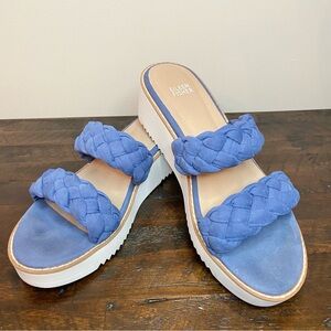 Eileen Fisher Loop Platform Wedge Sandal Blue Leather Braided Straps Size 9.5